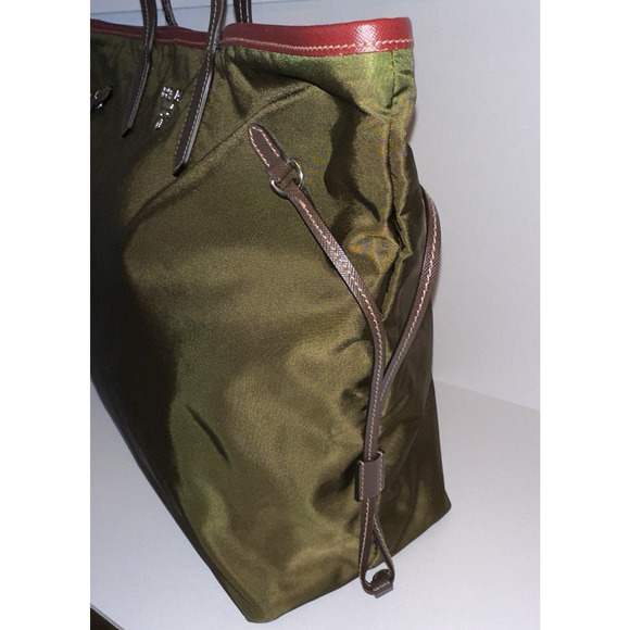 Authentic Prada Olive Green Nylon Tote Brown Leather Handles Red Interior Italy - Picture 6 of 16